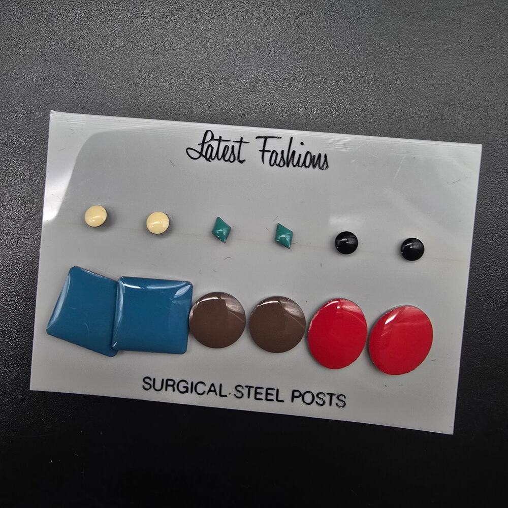 Colorful 1980s Enamel Stud Earrings Petite Dainty NWT NOS On Card #1